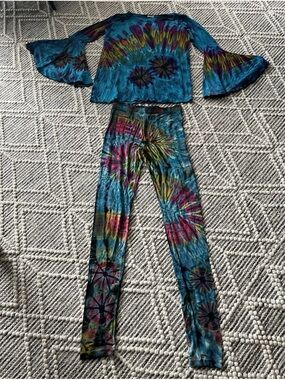 Jayli Blue Tie-Dye Bell Sleeve Top and Leggings Set